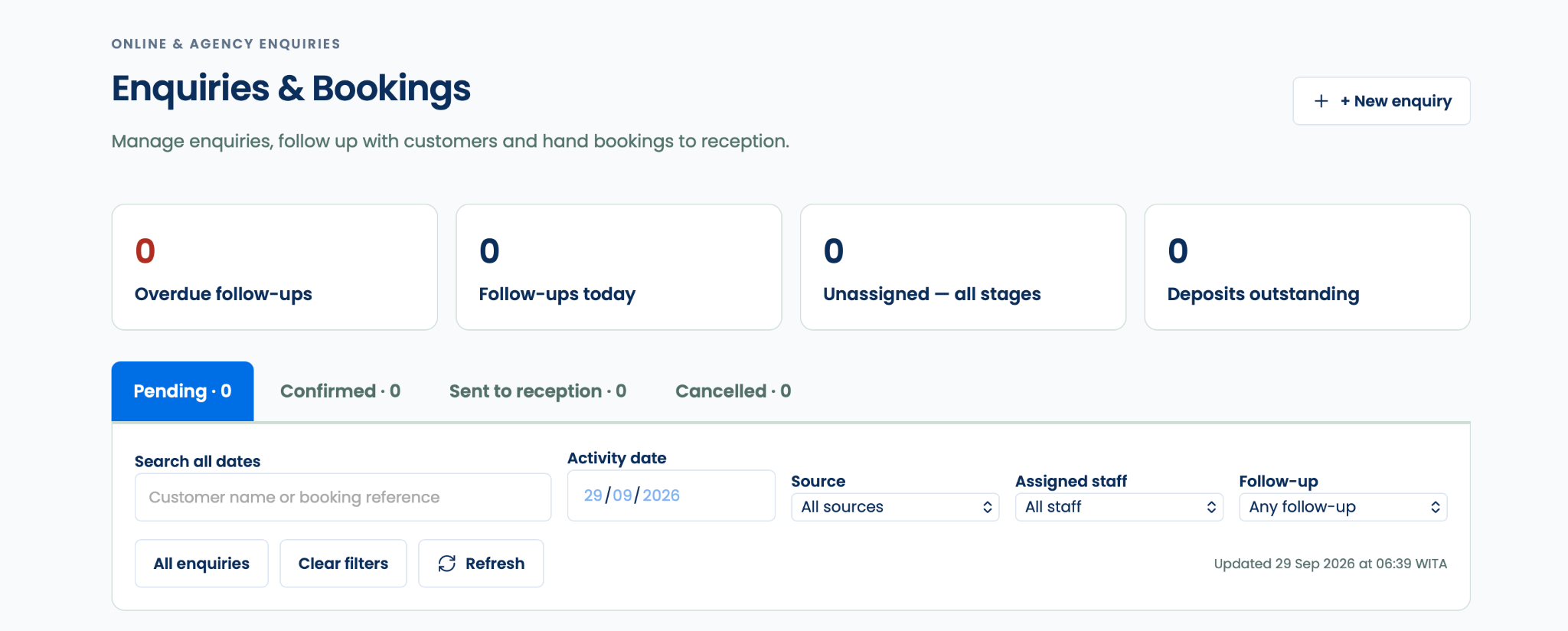 Enquiries and Bookings showing follow-up counters, deposit status, booking stages and search filters. The supplied screen has no current enquiries.