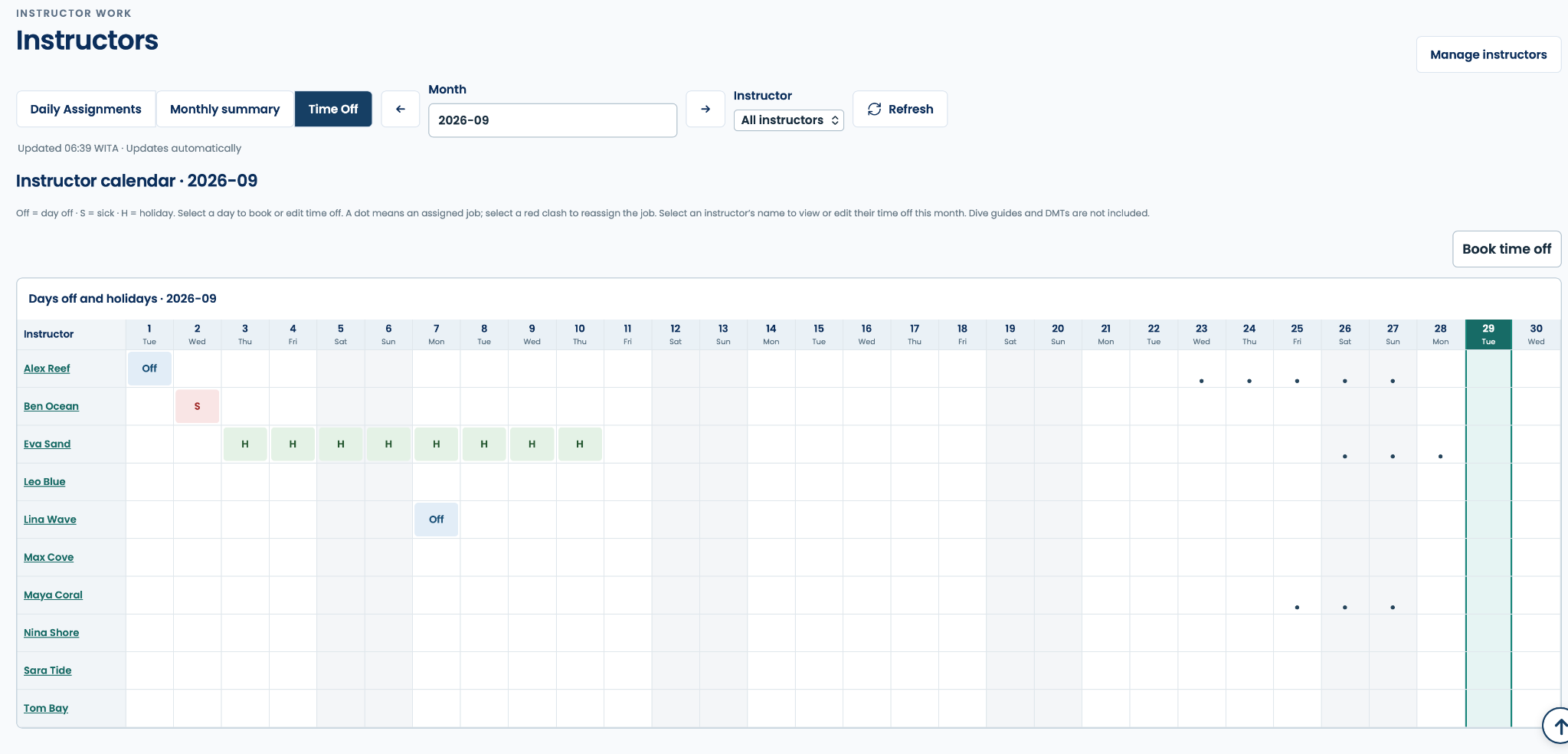 Instructor calendar for September showing days off, sick leave, holidays and dots indicating assigned jobs.
